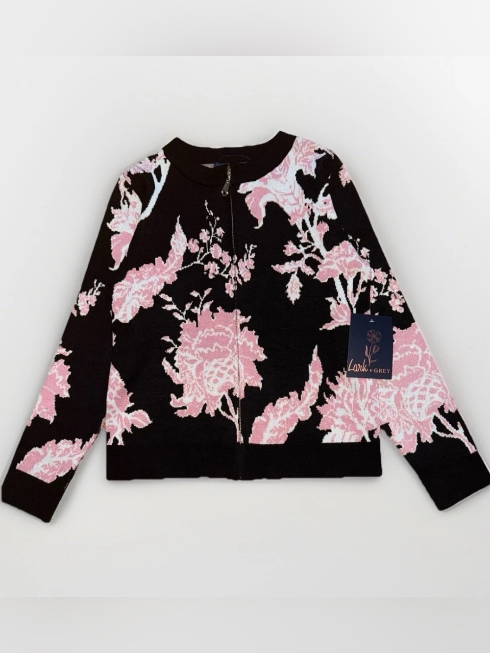 Lark+Grey Women Sz S Japanese Floral Black Pink Knitted Long Sleeve Sweater Zip